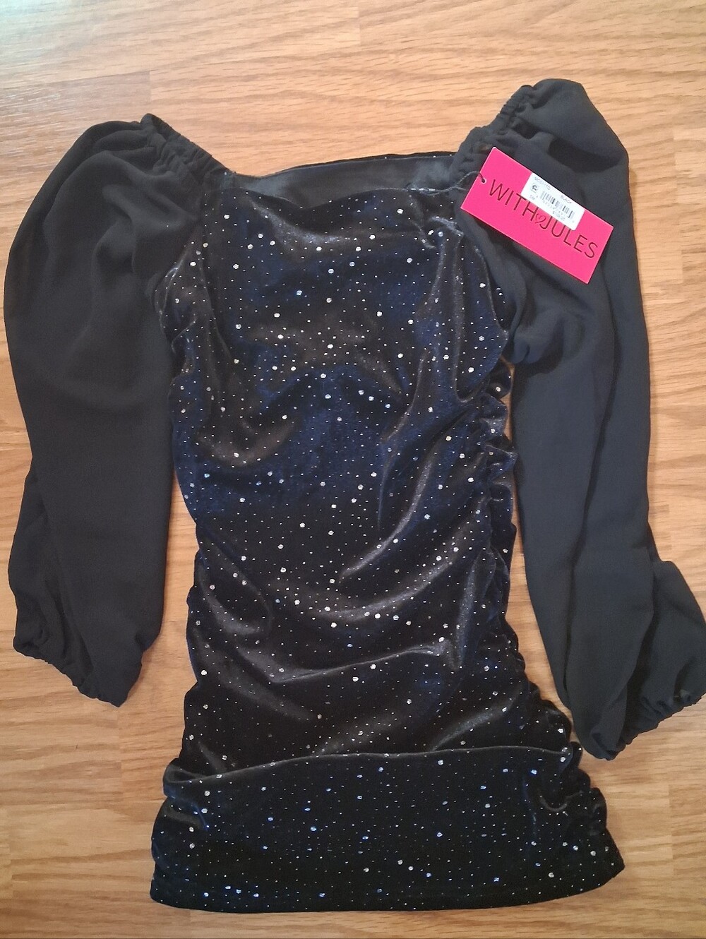 Nwt With Jules Girls Sz Small Black Dress Velvety bodice bedazzled sheer sleeves